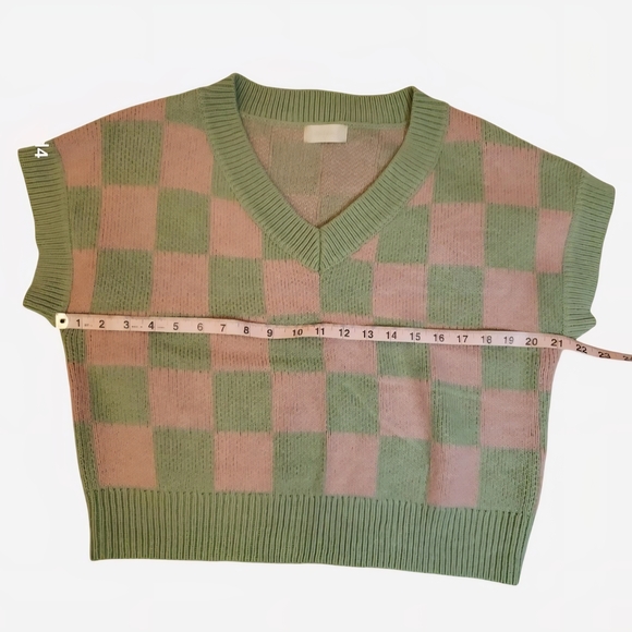 Altar'd State Pink & Light Green Checker V-Neck Sweater Vest - Picture 3 of 6